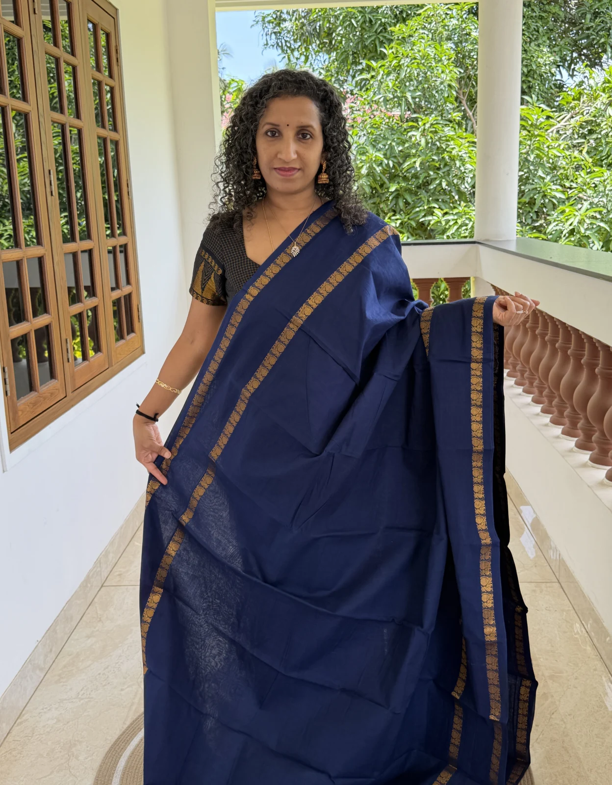 Dark Blue Madurai Sungudi Cotton Saree With Zari Peacock Gap Border Psc090 1